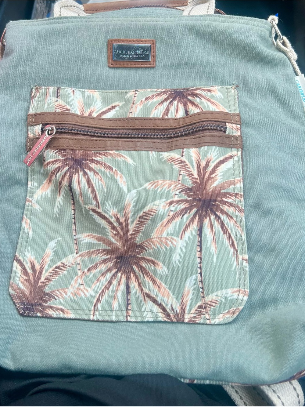 Caribbean Joe Palm Print Canvas Tote with Front Zip Pocket - Mint Green & Brown